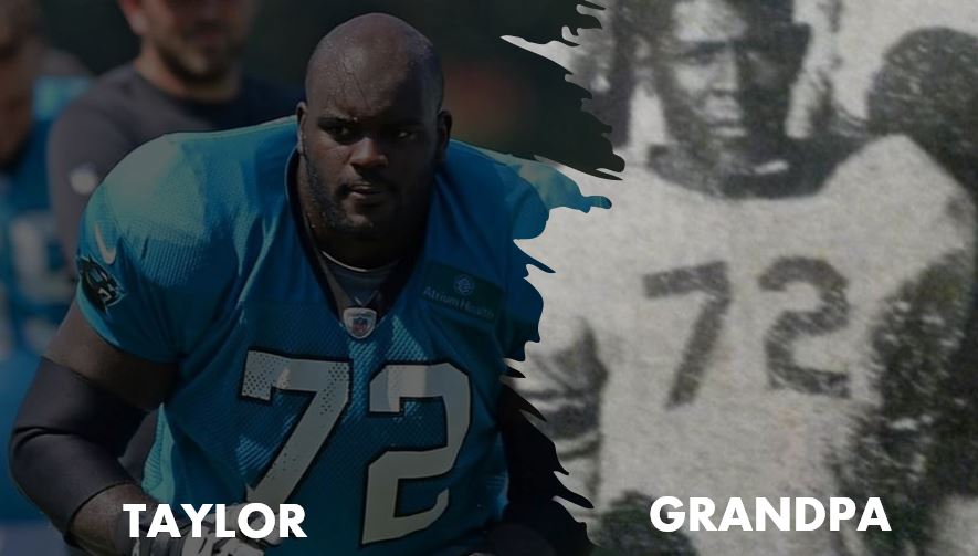 Taylor Moton alongside his grandfather's number 72 football image.